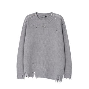 秋冬新款美式高街破洞下摆拉链毛衣男女潮牌宽松设计感针织衫上衣