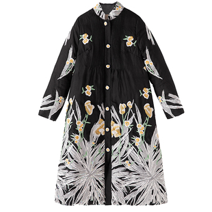 新中式羽绒服女安娜滕复古国风刺绣中长款真丝欧根纱白鸭绒外套