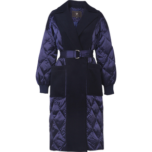 2025冬装新款欧美时尚简约通勤OL拼接毛呢西装领中长款羽绒服女