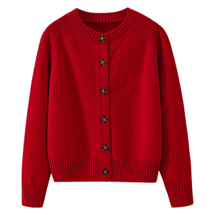 100%纯棉开衫纽扣女士圆领毛衣外套外穿红色纯色针织衫长袖厚款