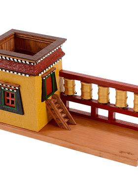 闯隆转金桶笔筒木制彩绘摆件