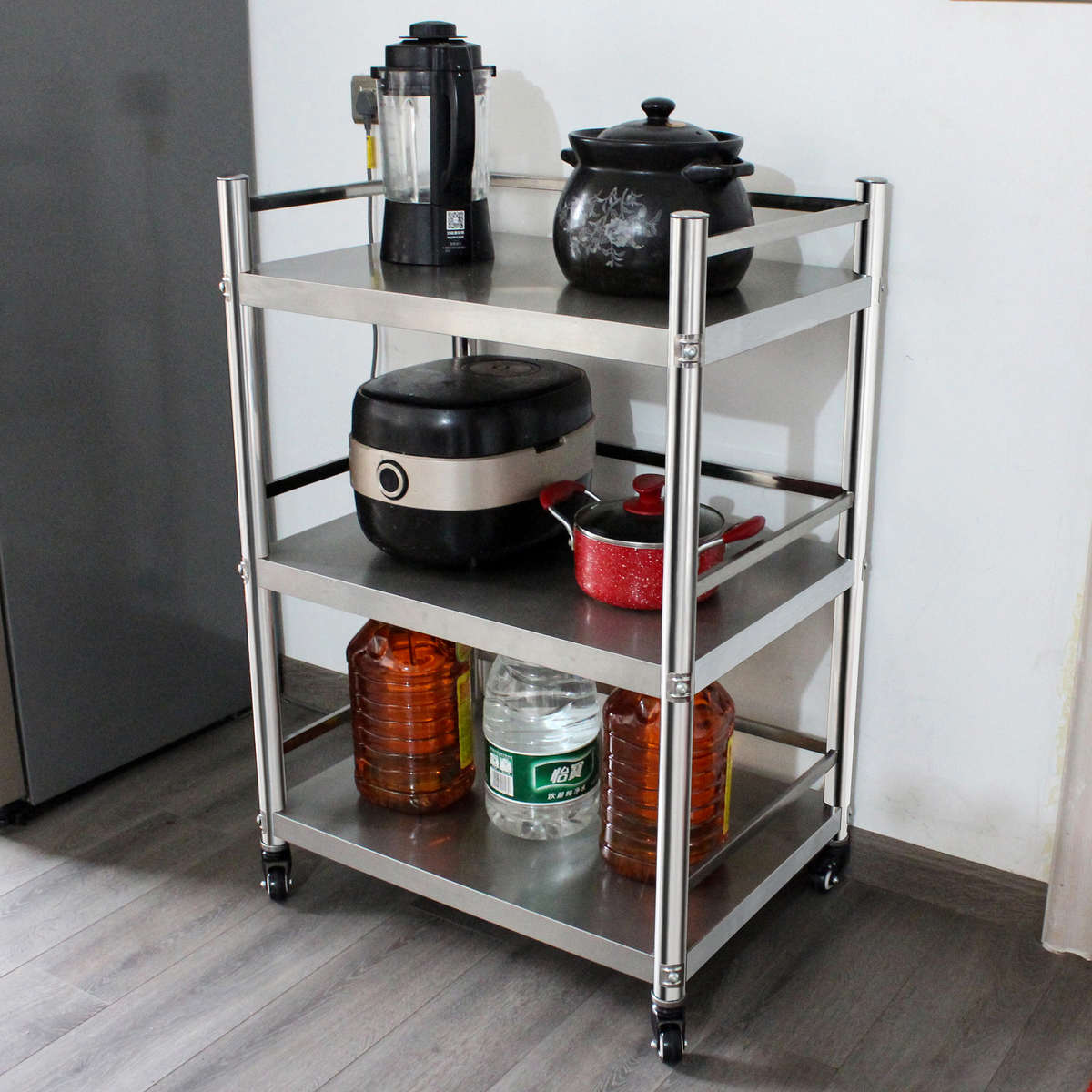 100高三层护栏带轮不锈钢厨房置物架收纳储物架微波炉架可移动