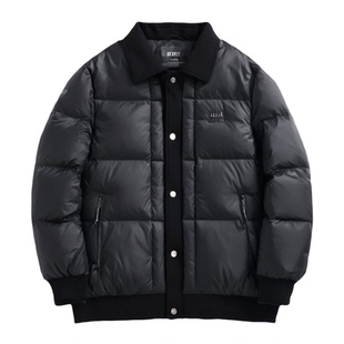 轻奢风翻领羽绒服男短款黑色拼接保暖外套冬季新款高端鸭绒针织领