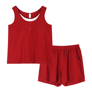 轩靓【带胸垫】背心睡衣女士夏季薄款纯棉吊带短裤红色家居服套装