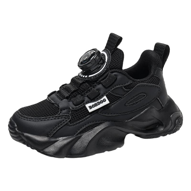 巴布豆童鞋男童女童黑色旋转纽扣运动鞋春秋新款网面透气儿童鞋子