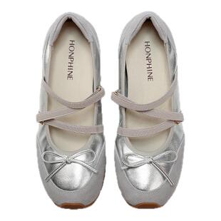 红粉知己2026春季真皮蝴蝶结增高女鞋运动芭蕾玛丽珍鞋子银色单鞋