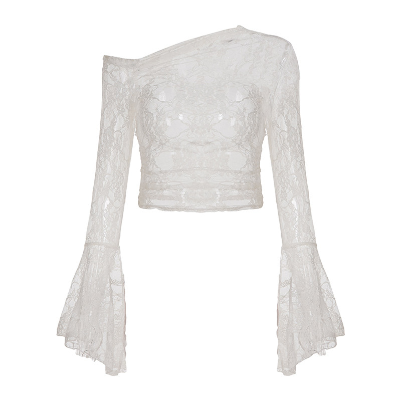 IAEY法式宫廷风蕾丝提花透视叠穿喇叭袖T恤百搭修身性感斜肩上衣