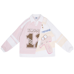 春少女学院运动印花数字解构拼接双层领不对称套头美式风球服卫衣