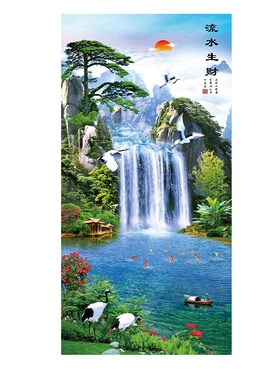 玄关自粘画竖版山水画防水墙贴