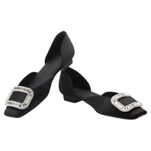 丁允dingyun法式方头水钻方扣浅口缎绸平底RV中空单鞋夏新款休闲