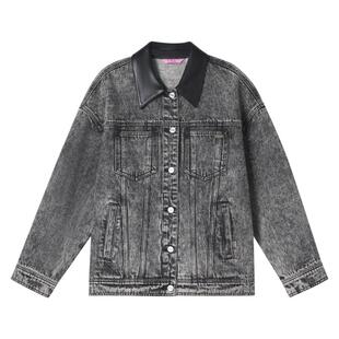 SALT.P可颜2024年冬季新款复古水洗拼接皮领宽松牛仔外套女