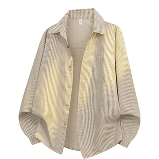 班尼路SK重磅纯棉条纹衬衫男士春秋季复古宽松休闲百搭衬衣外套MS