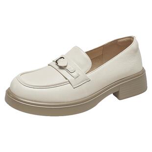 意尔康女鞋春季女士休闲单鞋真皮乐福鞋英伦时尚一脚蹬粗跟小皮鞋