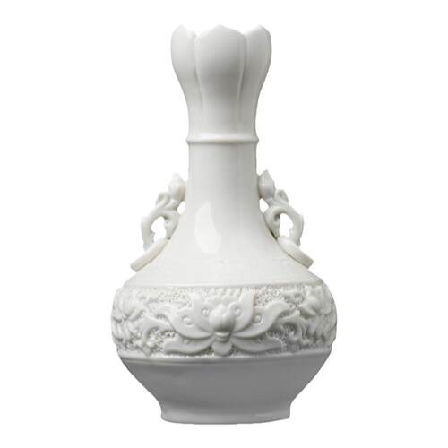 戴玉堂陶瓷摆件《双耳玉莲瓶》德化白瓷苏友德瓷塑花瓶家居饰品