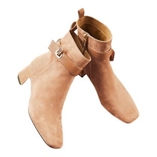 Nine West/玖熙皮带扣尖头弹力短靴女中跟百搭侧拉链通勤瘦瘦靴子