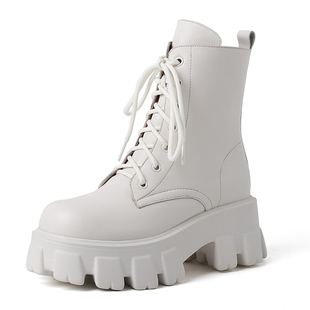 大码矮靴四季新款厚底女鞋粗跟靴子真皮短筒马丁靴绑带加绒机车靴