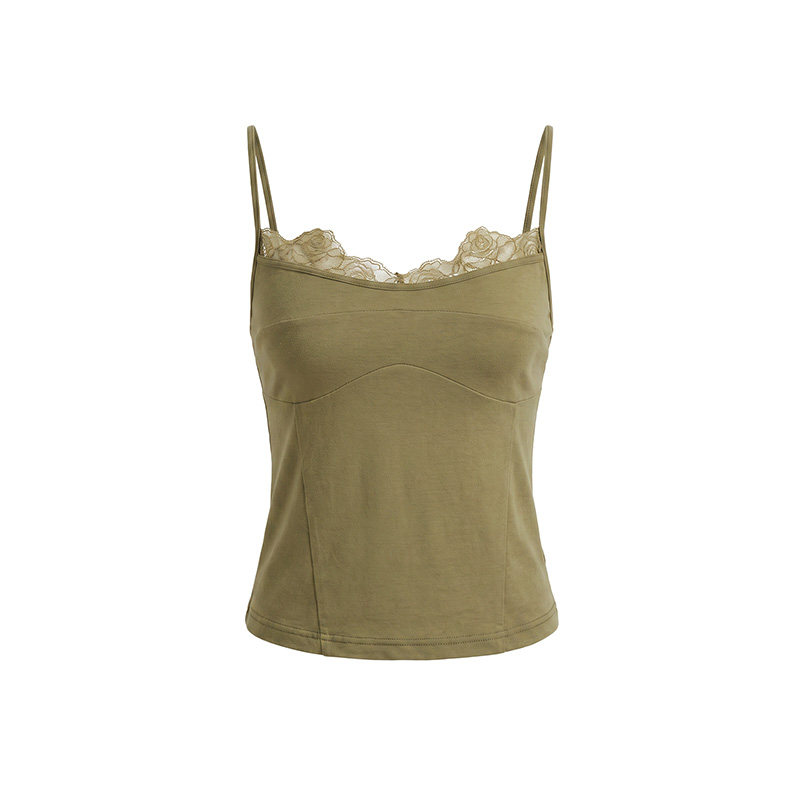PynkiSwear 纯色玫瑰蕾丝花边吊带背心女设计感分割收腰短上衣