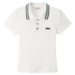 快乐兽 学院风贴布蕾丝条纹Polo领正肩针织短袖女修身显瘦短上衣