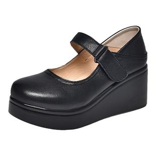 厚底休闲真皮时尚单鞋女2025春新款坡跟圆头浅口高跟女鞋增高皮鞋