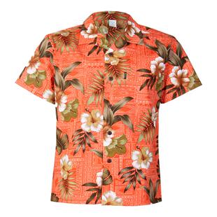 夏威夷情侣沙滩衬衣短袖上衣男女大码宽松桔红色印花衬衫羽西同款