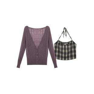 安妮不火  马海毛针织衫+格纹吊带两件套女微胖大码收腰显瘦上衣