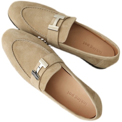 t彭姐复古绒面真皮单鞋乐福鞋