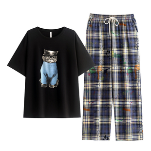 悦内睡衣女夏季夏天纯棉短袖长裤格纹家居服可爱卡通涂鸦猫咪圆领