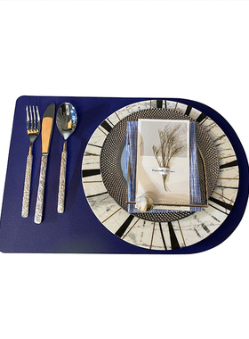 轻奢风金边线条蓝色牛排餐盘摆件