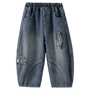 男童加绒弯刀牛仔裤2025秋冬新款儿童加绒加厚一体绒保暖长裤冬装