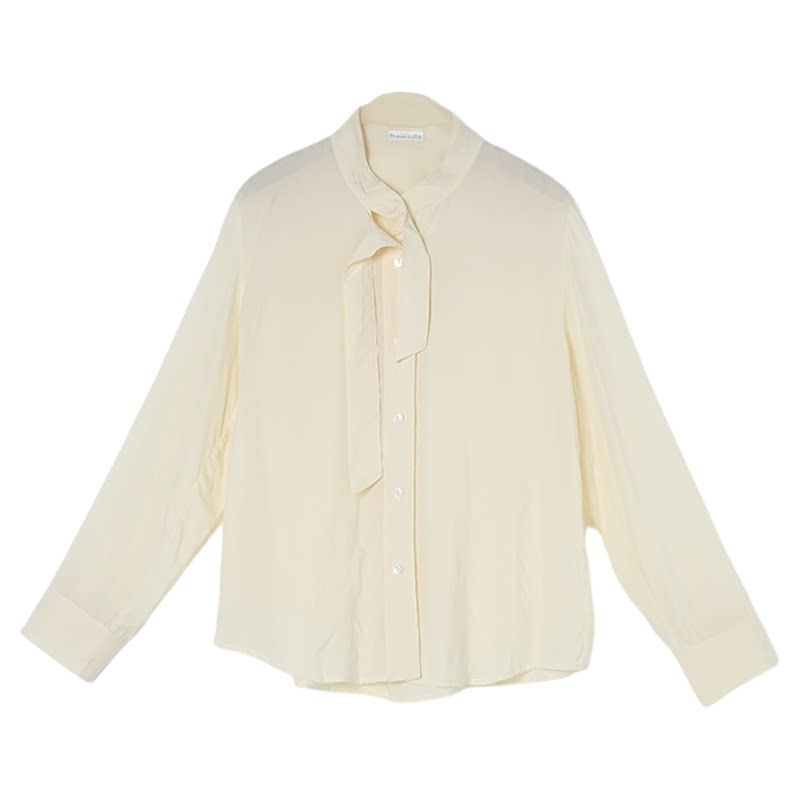 梵凯女衬衣2024秋莱赛尔天丝香草杏色长袖衬衣宽松法式领结带衬衣