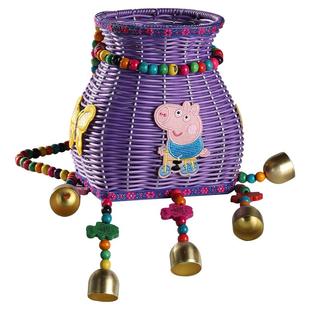 民族风儿童背篓刺绣铃铛手工编织摄影舞蹈道具双肩彩色小背篓鱼篓