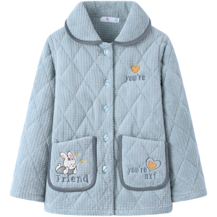 睡衣女冬季三层夹棉珊瑚绒加绒加厚法兰绒上衣单件棉袄家居服外套