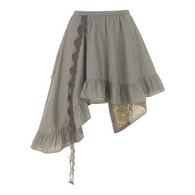 wanatry纯棉不对称下摆格纹半裙