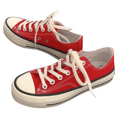 大红色微厚底帆布鞋女学生板鞋