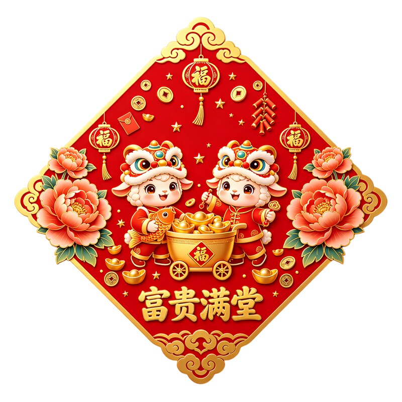 菱形三羊开泰墙贴舞狮小羊推元宝福车灯笼铜钱春节喜庆装饰贴纸画