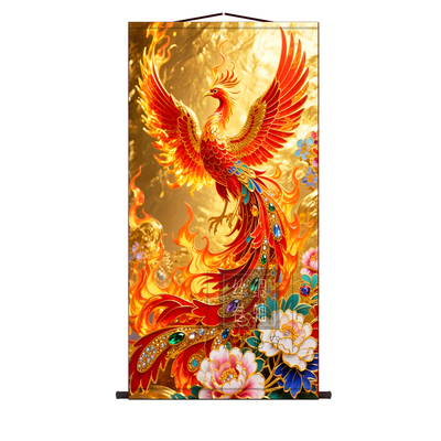 火凤凰丝绸挂画中式玄关客厅中堂装饰画神鸟招财墙壁画卷轴挂图