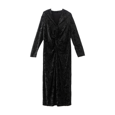 美丽客栈春秋植绒烧花玫瑰连衣裙