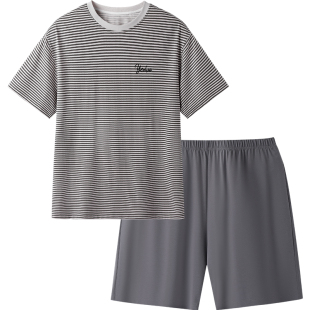 英氏青少年睡衣男童春夏季青春期学生条纹家居服短袖短裤套装a类