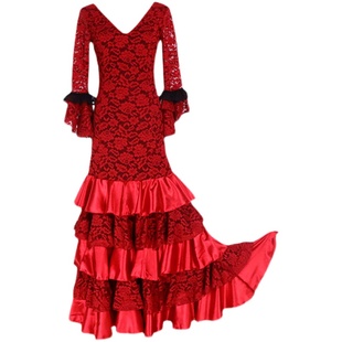 原创西班牙弗拉门戈练习演出Flamengo热销V领蕾丝连衣舞裙DTT32