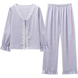 马克公主轻奢冰丝睡衣女春夏季新款独特绝美蕾丝绸缎面四季家居服