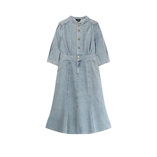 白鹿语立体小翻领牛仔裙春夏复古纽扣修身收腰鱼尾裙摆连衣裙