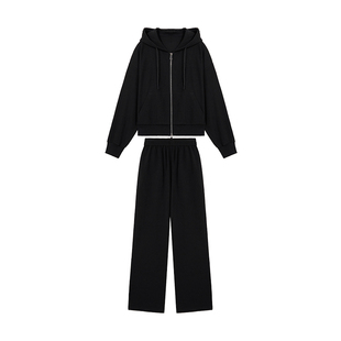 秋水伊人休闲连帽卫衣套装2026春季新款高级女装黑色运动三件套