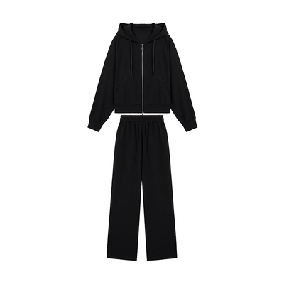 秋水伊人休闲连帽黑色卫衣套装女