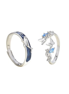 纯银鲸鱼蝴蝶情侣戒指520礼物