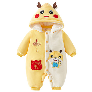 蛇年婴儿衣服秋冬季新生宝宝连体衣加厚加绒喜庆满月拜年服0-3月6