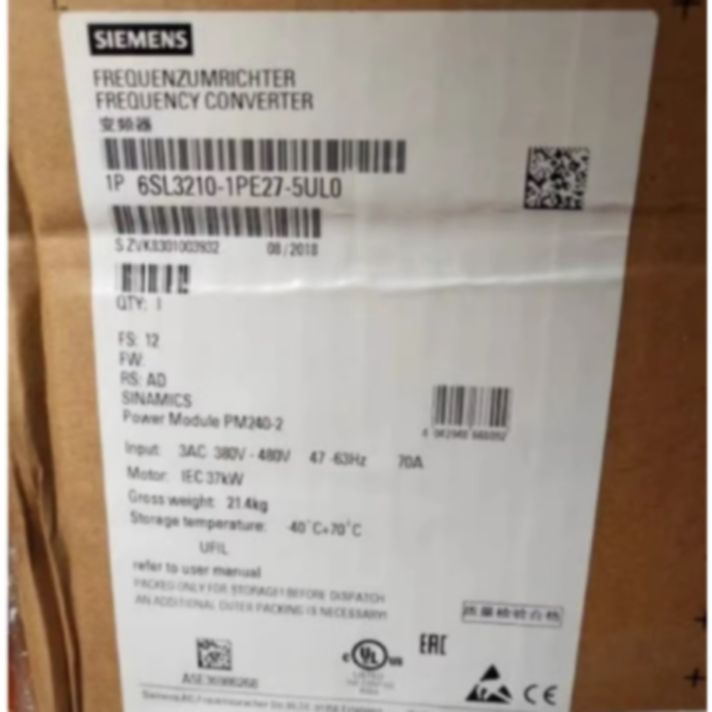 议价6SL3210-1PE27-5UL0西门子SG102变频器功率模块6SL32101PE275