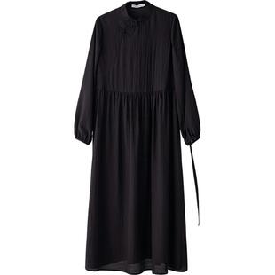 连衣裙新中式国风盘扣立领长袖连身裙黑色女装今年流行的新款裙子