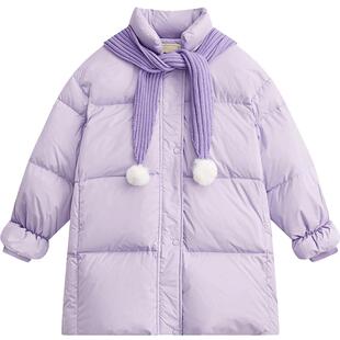 爱法贝秋冬新款女童中长款90白鸭绒羽绒服可拆卸围巾