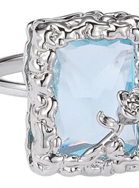 原创小众设计简约低调方块蓝色锆石戒指女款感时尚开口食指戒