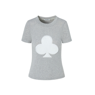 LEDIM WANG毛绒短袖T恤女2026春新款灰色修身弹力莱赛尔羊毛上衣